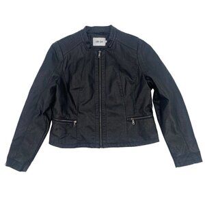 Black Vegan Faux Leather Zip Up Moto Jacket Women's Size Large Grunge Little Gem